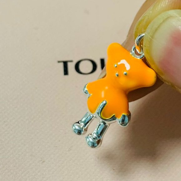 TOUS Charm Silver Teddy Bear Pendant with Orange color enamel for Necklace - Picture 1 of 9